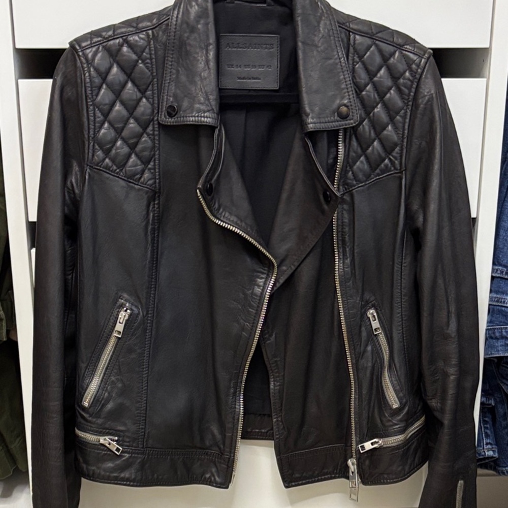 All Saints Quilted Black Leather Jacket